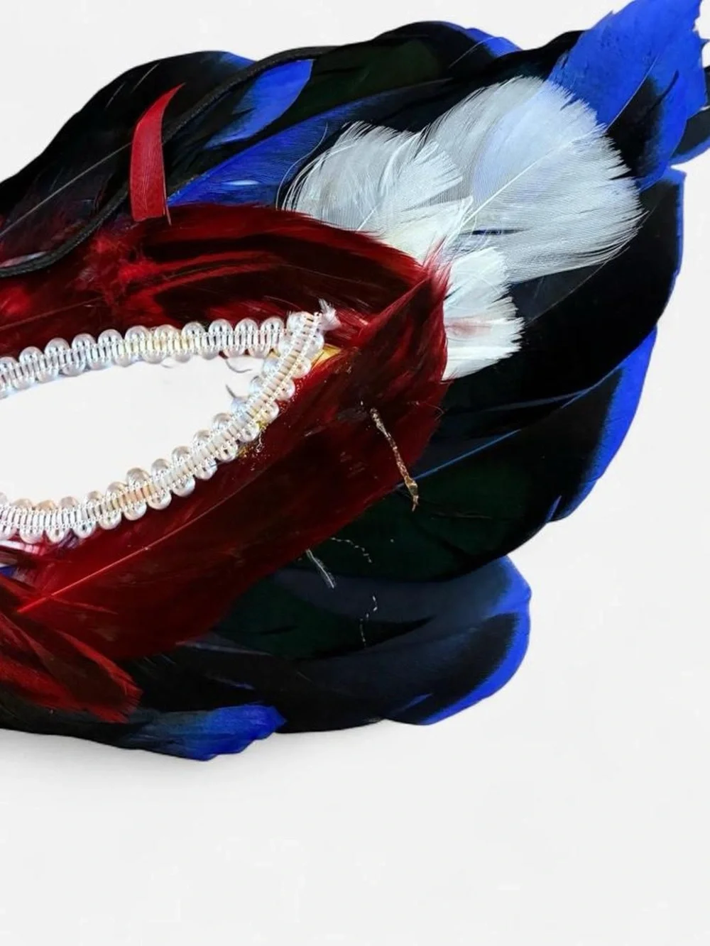 Feathered Masquerade Eye Mask in Red , White and Blue
